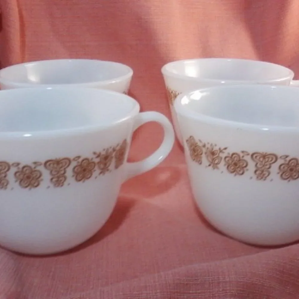 Four Vintage Pyrex gold butterfly teacups white milk glass